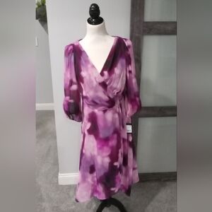 DKNY 3/4 Sleeve Chiffon Pink Floral Multi Print Faux Wrap Dress  Size 8 NWT